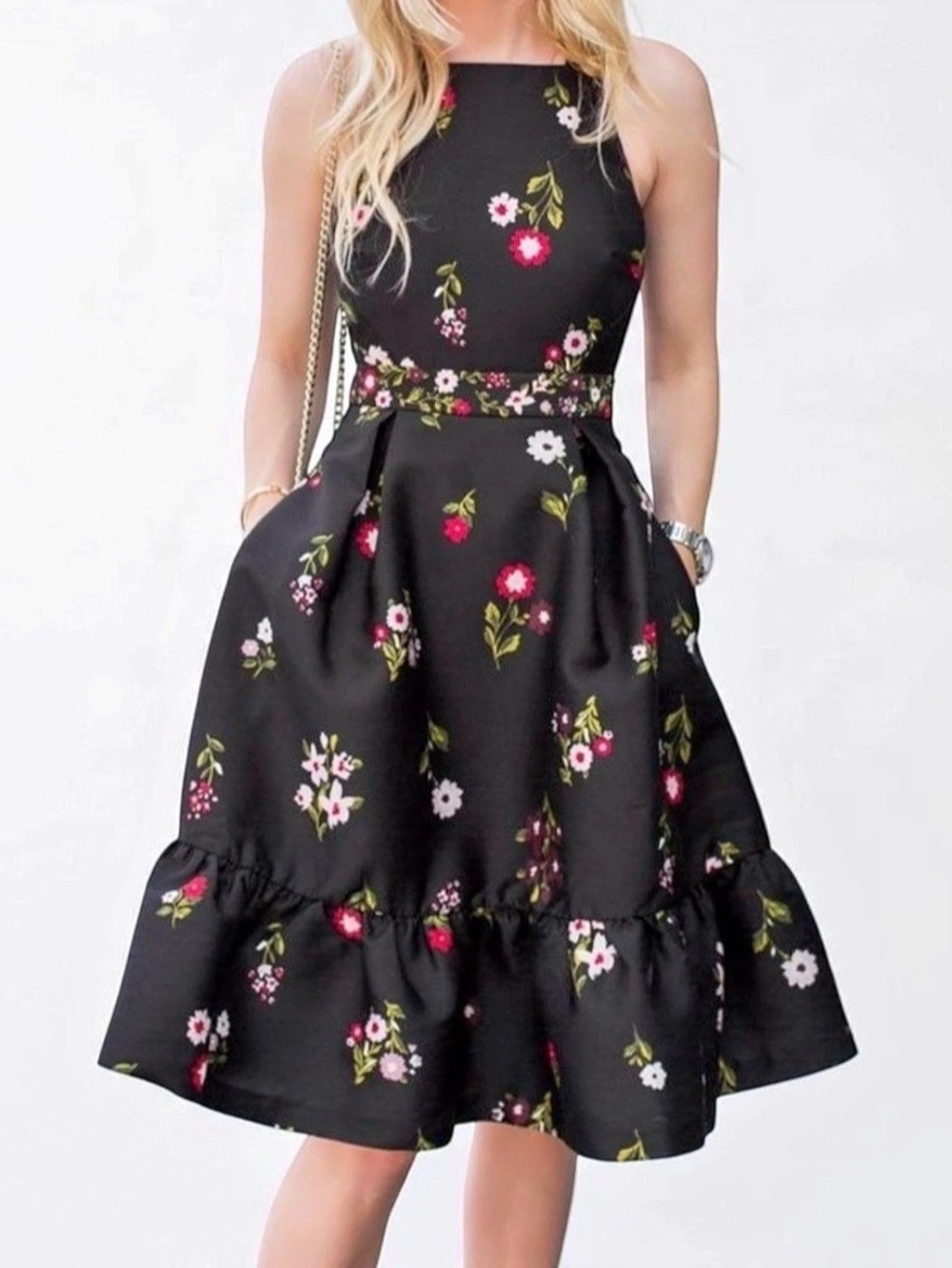 Kate Spade New York Ma Cherie In Bloom Fit and Flare Black and Pink Floral Dress